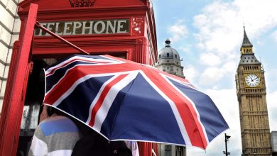 Tourist in telephone box and Big Ben in London